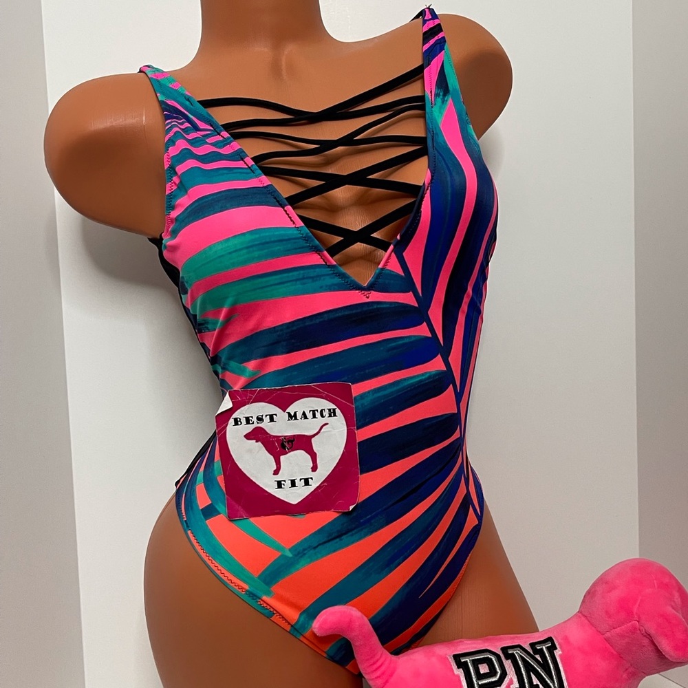 Victoria’s Secret PINK M Logo Strappy Cut Out Caged One-piece Swimsuit Tropical
